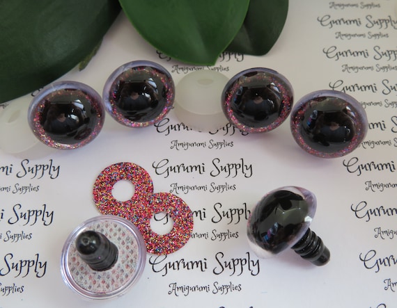 20mm Clear Round Safety Eyes With a Red Sparkle Glitter Non-woven Slip  Iris, Black Pupil and Washers: 1 Pair Amigurumi / Animal / Dolls 