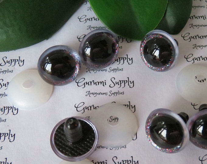 20mm Clear Round Safety Eyes with Dark Sparkle Glitter Non-Woven Slip Iris, Black Pupil and Washers: 1 Pair - Doll / Amigurumi / Animal