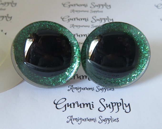 24mm Clear Trapezoid Plastic Safety Eyes with a Green Glitter Non-Woven Slip Black Iris and Washers: 1 Pairs - Amigurumi / Animals / Toys