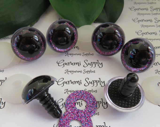 20mm Clear Round Safety Eyes with a Purple Sparkle Glitter Non-Woven Slip Iris, Black Pupil and Washers: 1 Pair - Amigurumi / Animal / Dolls