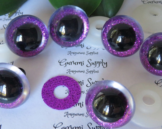 24mm Clear Round Safety Eyes with a Purple Glitter Non-Woven Slip Iris, Black Pupil and Washers: 1 Pair - Dolls / Amigurumi / Animals / Toys