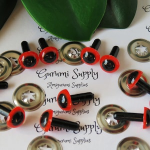 9mm Red Iris Black Pupil Round Safety Eyes and Washers: 5 Pairs - Dolls / Amigurumi / Animals / Stuffed Creations / Crochet / Paintfree