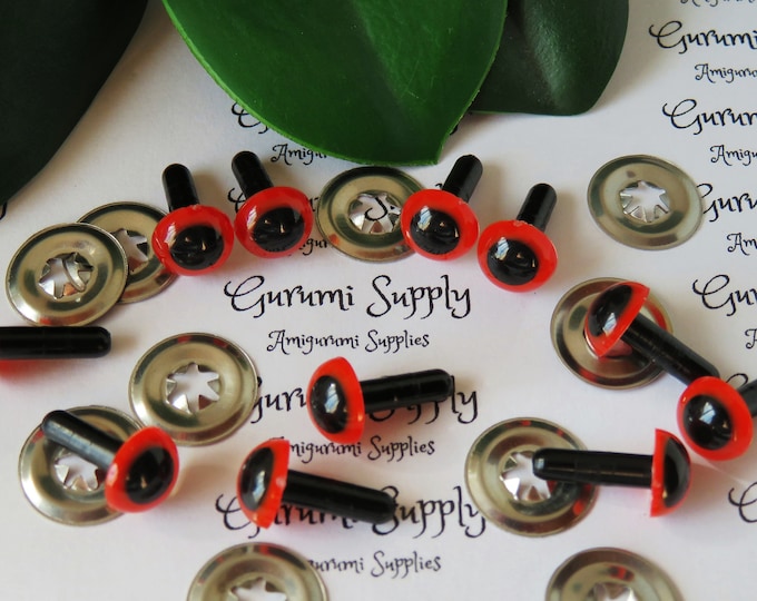 9mm Red Iris Black Pupil Round Safety Eyes and Washers: 5 Pairs - Dolls / Amigurumi / Animals / Stuffed Creations / Crochet / Paintfree