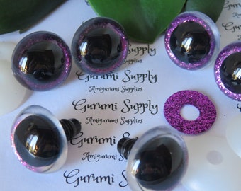 20mm Clear Round Safety Eyes with a Purple Glitter Non-Woven Slip Iris, Black Pupil and Washers:  2Count/1 Pair - Dolls/Amigurumi/Animals