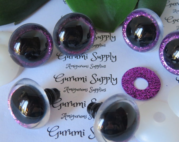 20mm Clear Round Safety Eyes with a Purple Glitter Non-Woven Slip Iris, Black Pupil and Washers:  2Count/1 Pair - Dolls/Amigurumi/Animals