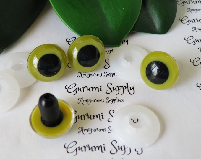15mm Olive Green Iris Black Pupil Round Safety Eyes and Washers: 2 Pairs - Dolls/Amigurumi/Animals/Stuffed Creations/All Plastic