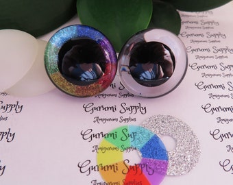 30mm Clear Trapezoid Plastic Safety Eyes with a Rainbow Circle and Silver Glitter Non-Woven Slip Iris and Washers: 1 Pair - Amigurumi Animal