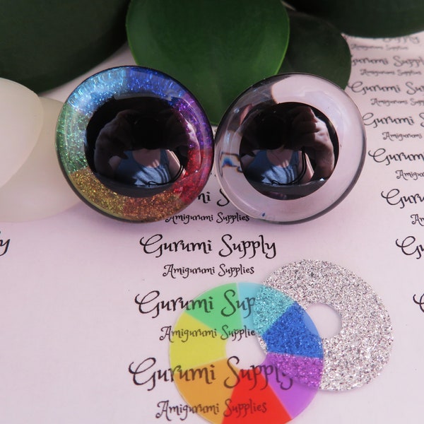 30mm Clear Trapezoid Plastic Safety Eyes with a Rainbow Circle and Silver Glitter Non-Woven Slip Iris and Washers: 1 Pair - Amigurumi Animal