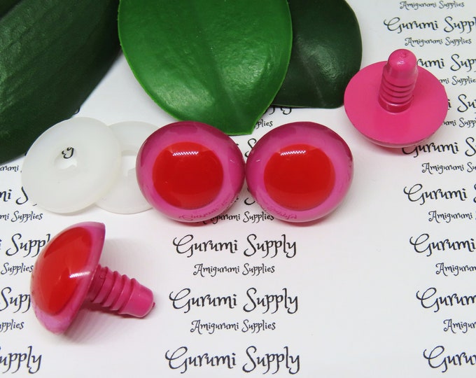 24mm Pink Iris with a Red Pupil Round Safety Eyes and Washers: 1 Pair - Dolls / Amigurumi / Animals / Stuffed Creations / Monster / Toy