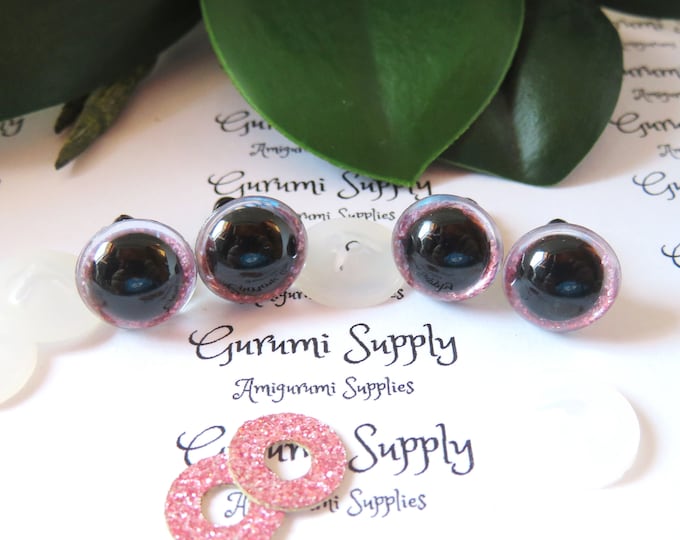12mm Clear Round Plastic Safety Eyes with a Pink Glitter Non-Woven Slip Iris and Washers: 2 Pairs - Dolls / Amigurumi / Animal / Crochet