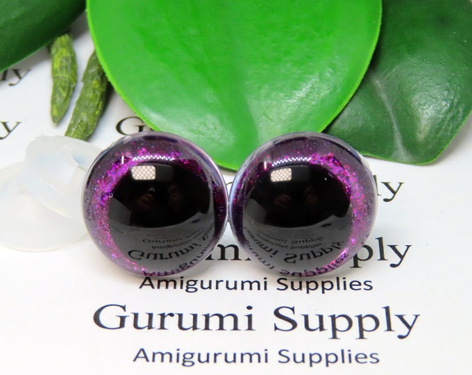 18mm Clear Safety Eyes with Purple Glitter Non-Woven Slip Iris, Black OC Pupil and Washers: 1 Pair - Amigurumi / Off Center / Round