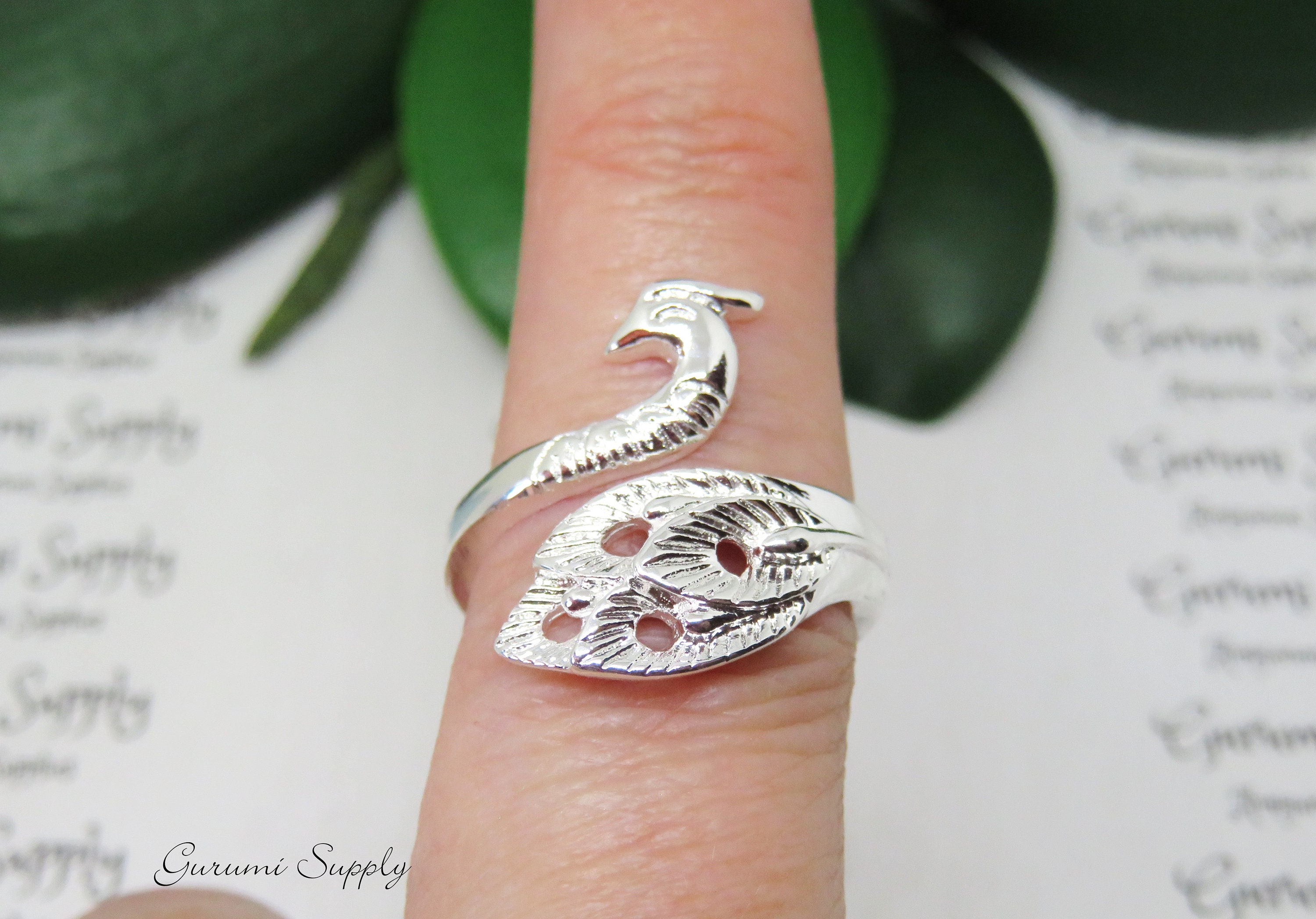 Adjustable Peacock Knitting/Crochet Ring in Silver