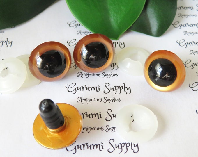18mm Hand Painted Gold Iris Black Pupil Round Safety Eyes and Washers: 2 Pairs - Dolls / Amigurumi / Animal / Creations / Crochet / Knit