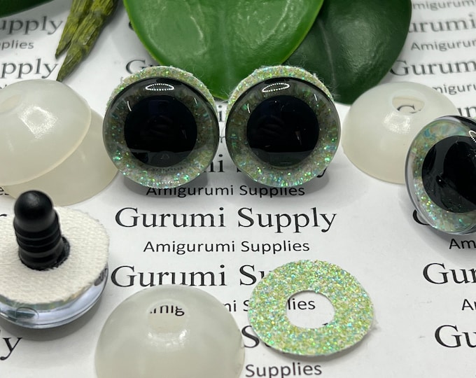 20mm Clear Trapezoid Plastic Safety Eyes with Iced Mint Glitter Non-Woven Slip Iris and Washers: 1 Pair- Animal Eyes / Doll Eye / Amigurumi