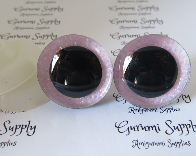 24mm Clear Trapezoid Plastic Safety Eyes with a Light Pink Glitter Non-Woven Slip Iris and Washers: 1 Pair - Doll / Amigurumi / Animal