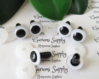 Ojos de seguridad redondos de 12 mm con iris blanco y pupila negra y arandelas: 3 pares - Muñecas / Amigurumi / Animales / Creaciones rellenas / Ganchillo / Sin pintura
