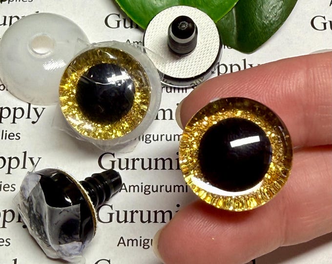 20mm Clear Trapezoid Safety Eyes with a Gold Glitter Slip and Black Iris with Washers: 1 Pair - Doll / Amigurumi / Animal / Stuffed Creation
