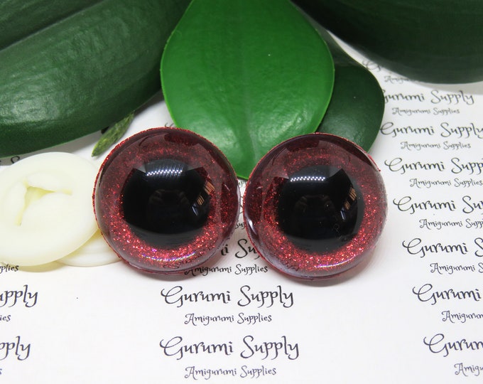 30mm Clear Safety Eyes with a Red Glitter Slip and Black Iris with Washers: 1 Pair - Amigurumi / Animals / Crochet / Knit / Toys / Dolls