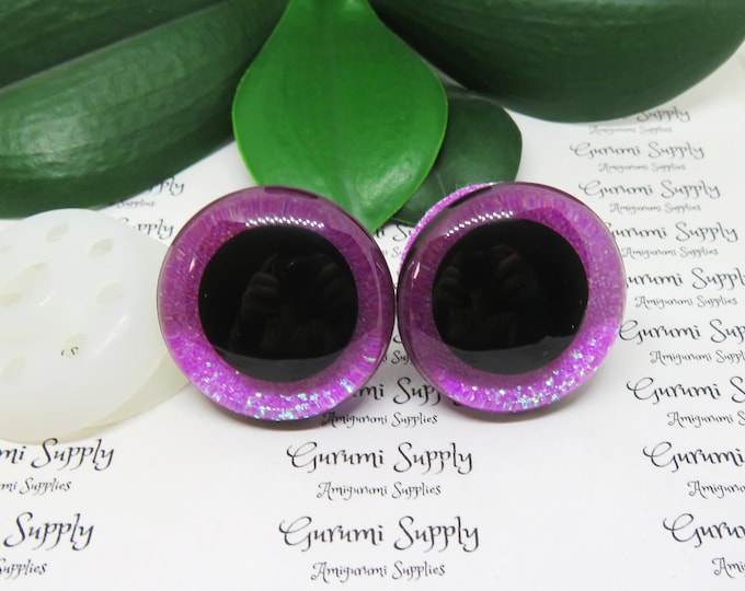 35mm ClearTrapezoid Plastic Safety Eyes with a Fuchsia Frost Glitter Non-Woven Slip Iris and Washers: 1 Pair - Amigurumi / 3D / Toys / Craft