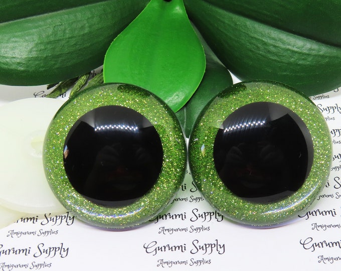 50mm Clear Round Safety Eyes with Yellow-Green Glitter Non-Woven Slip Iris Black Pupil and Washers: 1 Pair - Doll / Amigurumi / Animal / Toy