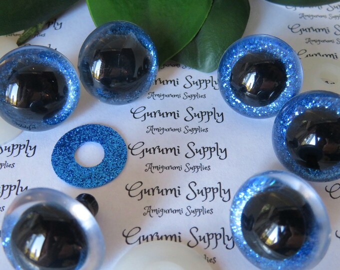 24mm Clear Round Plastic Safety Eyes with Dark Blue Glitter Non-Woven Slip Iris, Black Pupil and Washers: 1 Pair - Amigurumi / Animals