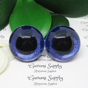 30mm Clear Round Safety Eyes with Dark Blue Glitter Non-Woven Slip Iris, Black Pupil and Washers: 1 Pair - Amigurumi / Animal / Crochet