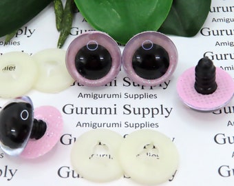 20mm Clear Round Safety Eyes with a Light Pink Glitter Non-Woven Slip Iris, Black Pupil and Washers:  1 Pair - Dolls / Amigurumi / Animal