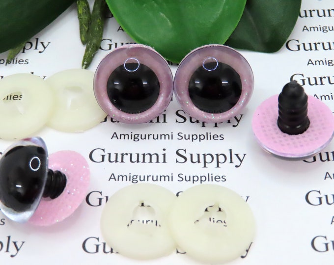 20mm Clear Round Safety Eyes with a Light Pink Glitter Non-Woven Slip Iris, Black Pupil and Washers:  1 Pair - Dolls / Amigurumi / Animal