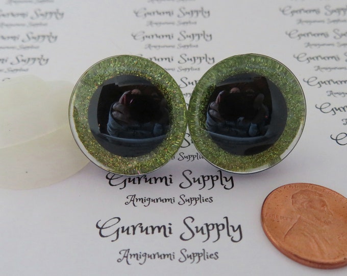 24mm Clear Trapezoid Plastic Safety Eyes with an Yellow Green Glitter Non-Woven Slip Iris, Black Iris and Washers:  2Count/ 1 Pair