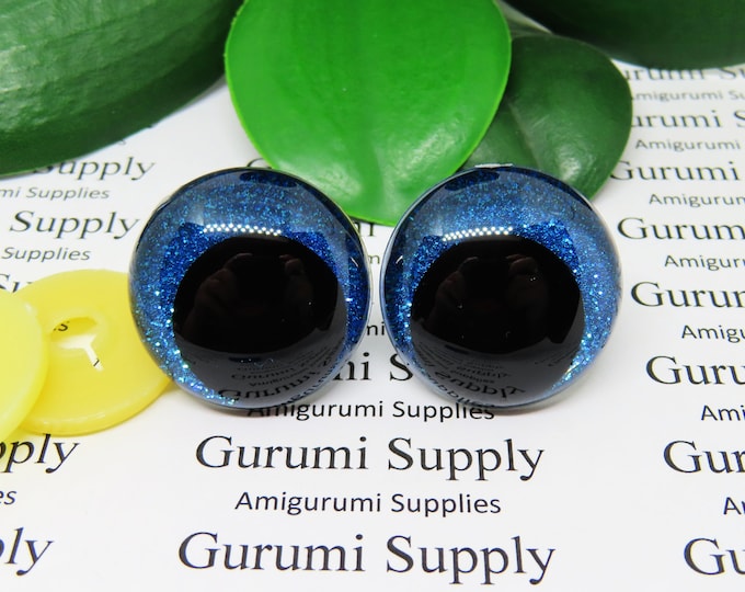 28mm Clear Safety Eyes with Blue Glitter Non-Woven Slip Iris, Black OC Pupil and Washers: 1 Pair - Amigurumi / Off Center / Round / Crochet