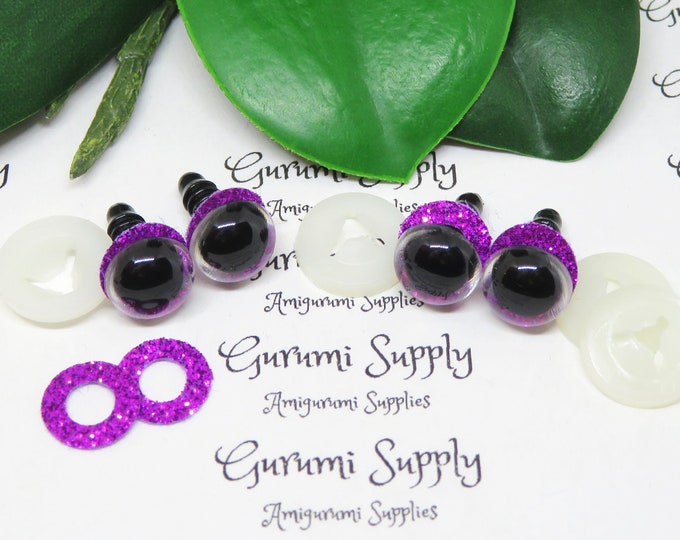 10mm Clear Round Plastic Safety Eyes with a Purple Glitter Non-Woven Slip Iris and Washers: 2 Pairs - Dolls / Amigurumi / Animal / Crochet