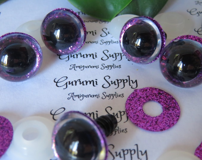 16mm Clear Round Safety Eyes with a Purple Glitter Non-Woven Slip Iris, Black Pupil and Washers: 1 Pair - Dolls/Amigurumi/Animals/Crochet