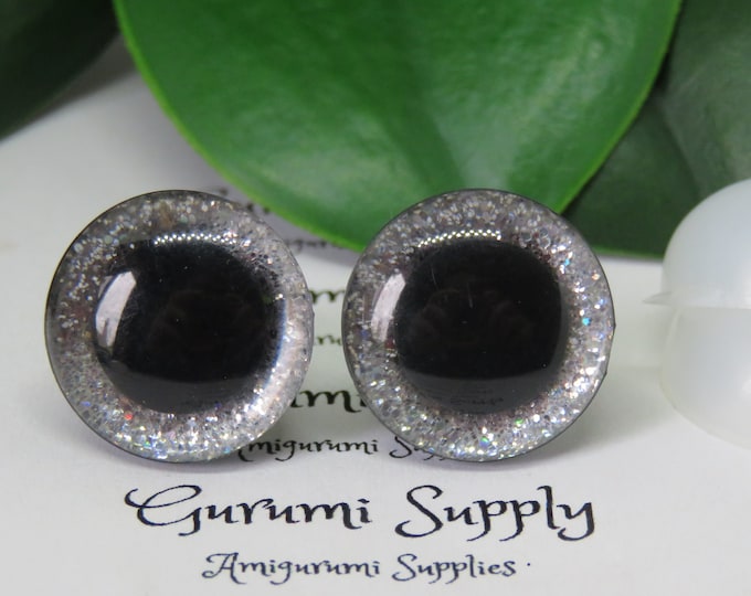 16mm Clear Trapezoid Plastic Safety Eyes with a Silver Glitter Non-Woven Slip Iris and Washers: 1 Pair - Dolls/Amigurumi/Animal/Crochet/Knit