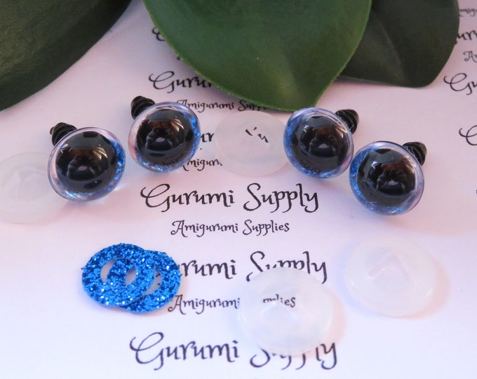 12mm Clear Round Plastic Safety Eyes with a Dark Blue Glitter Non-Woven Slip Iris and Washers: 2 Pairs - Dolls/Amigurumi/Animal/Crochet/Knit