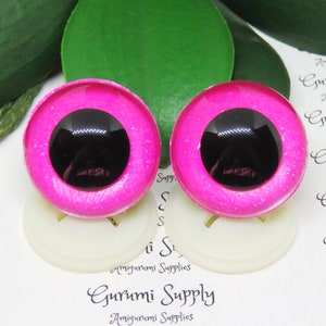 30mm Clear Safety Eyes with a Bright Pink Glitter Slip and Black Iris with Washers: 1 Pair - Amigurumi / Animals / Stuffed Creations / Toys