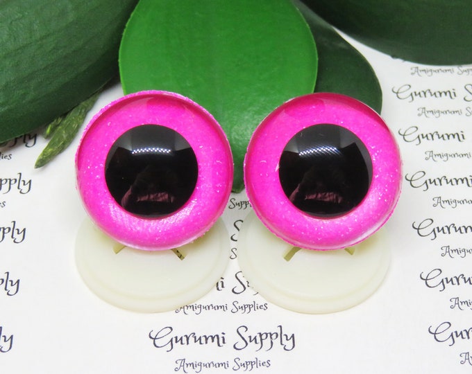 30mm Clear Safety Eyes with a Bright Pink Glitter Slip and Black Iris with Washers: 1 Pair - Amigurumi / Animals / Stuffed Creations / Toys
