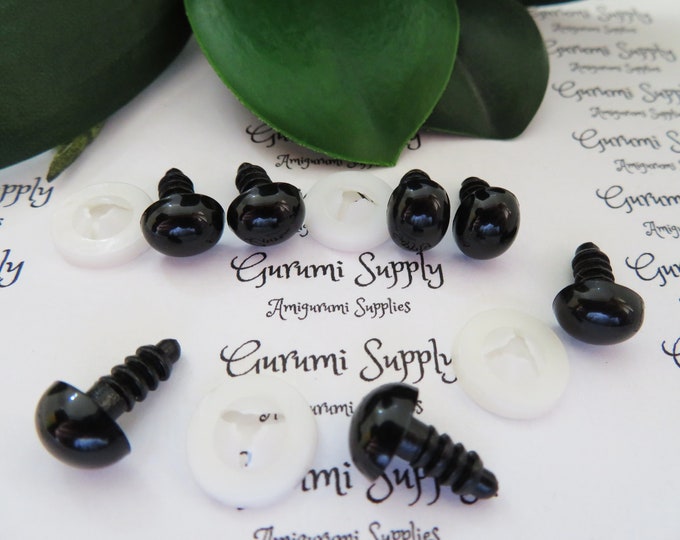 8x10mm Solid Black Oval Safety Eyes/Noses and Washers: 2 Pairs - Dolls/Amigurumi/Animals/Stuffed Creations/Crochet/Knit/Craft Supplies