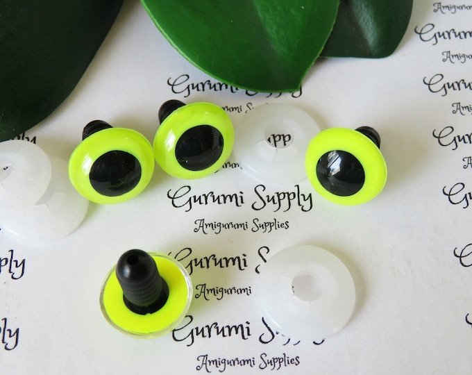 15mm Neon Yellow Iris Black Pupil Round Safety Eyes and Washers: 2 Pairs - Doll / Amigurumi / Animals / Stuffed Creations / Crochet / Knit