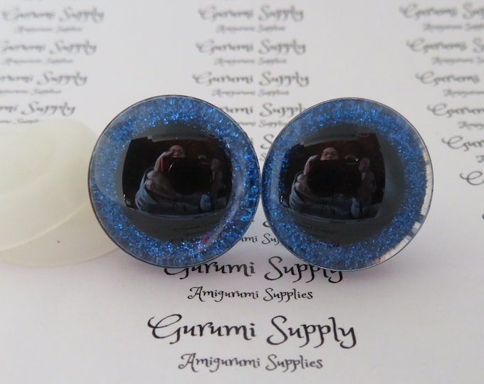 24mm Clear Trapezoid Plastic Safety Eyes with a Dark Blue Glitter Non-Woven Slip Iris, Black Iris and Washers: 1 Pair - Animal / Amigurumi