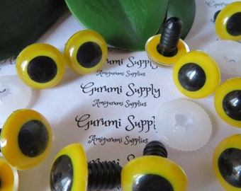 15mm Yellow Iris Black Pupil Round Safety Eyes and Washers:  2 Pairs - Dolls / Amigurumi / Animals / Stuffed Creations / Crochet / Knit