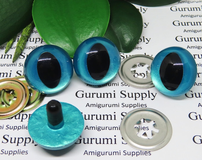 24mm Hand Painted Metallic Teal Color Iris Black Pupils Round Cat Style Safety Eyes and Washers: 1 Pair – Dragon / Amigurumi / Animal