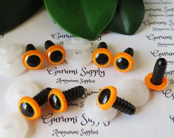 10mm Neon Orange Iris Black Pupil Round Safety Eyes and Washers: 4 Pairs - Dolls/Amigurumi/Animals/ Stuffed Creations/Crochet/Paintfree/Knit