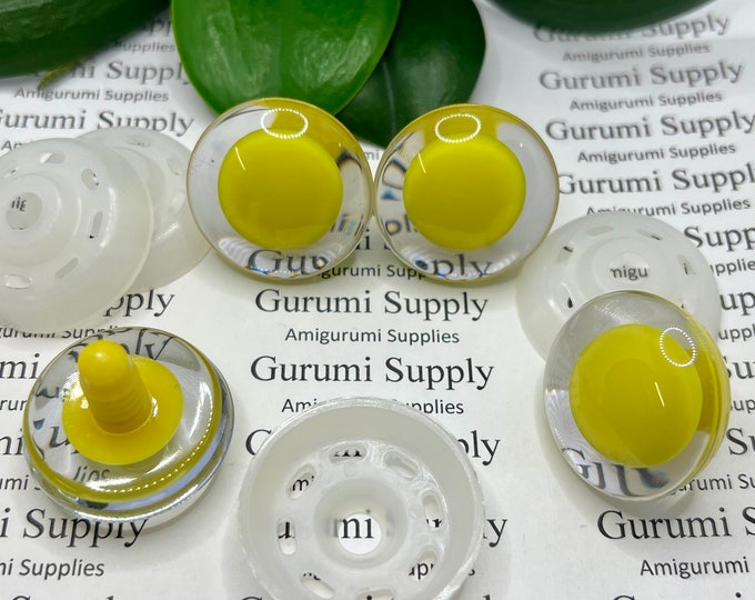 30mm Clear Iris with a Centered Yellow Pupil Trap Safety Eyes and Washers: 1 Pair - Doll / Amigurumi / Animal / Creation / Crochet / Monster