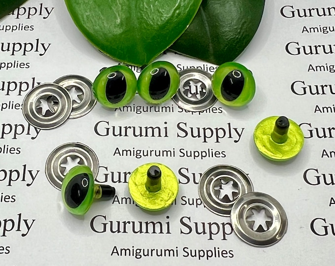 12mm Hand Painted Metallic Yellow-Green Color Iris Black Pupils Round Cat Style Safety Eyes and Washers: 3 Pair – Dragon / Amigurumi /Animal