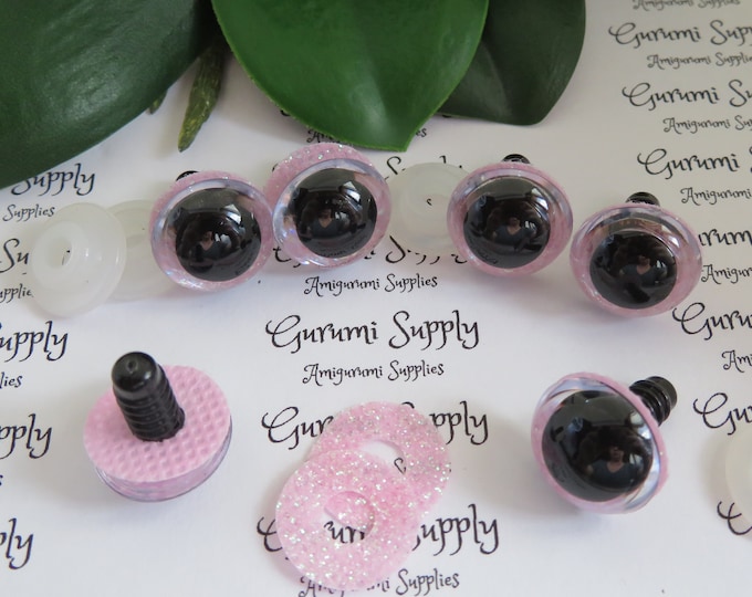 16mm Clear Round Safety Eyes with a Light Pink Glitter Non-Woven Slip Iris, Black Pupil and Washers: 1 Pair - Dolls/Amigurumi/Animal/Knit