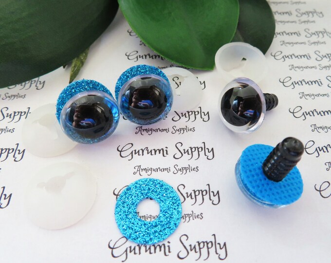 16mm Clear Round Safety Eyes with Blue Glitter Non-Woven Slip Iris, Black Pupil and Washers: 1 Pair - Doll / Amigurumi / Animal / Toy / Knit
