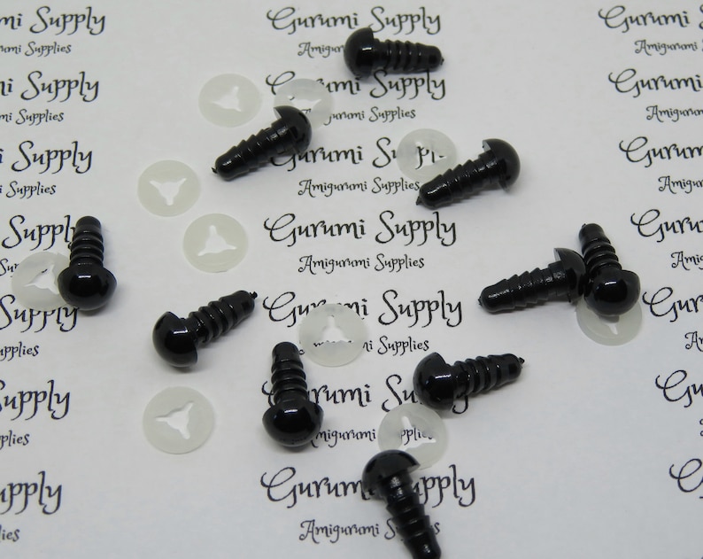 May include: Black plastic safety eyes with screw backs and clear plastic washers. The eyes are for use in amigurumi and other crafts.
