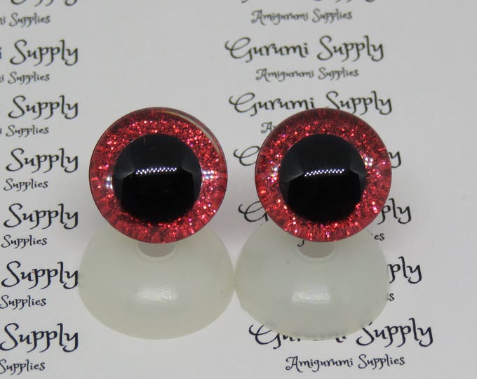 20mm Clear Trapezoid Plastic Safety Eyes with a Red Glitter Non-Woven Slip Iris, Black Iris and Washers: 1 Pair - Dolls / Amigurumi / Animal