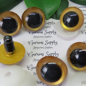 24mm Gold Iris Black Pupil Round Safety Eyes and Washers: 1 Pair - Dolls / Amigurumi / Animals / Stuffed Creations / Hand Painted / Crochet