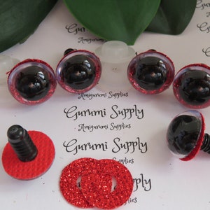 16mm Clear Round Safety Eyes with a Red Glitter Non-Woven Slip Iris, Black Pupil and Washers: 1 Pair - Dolls/Amigurumi/Animal/Crochet/Knit